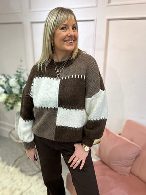 Bold Colour Block Pattern Jumper - Brown/Cream