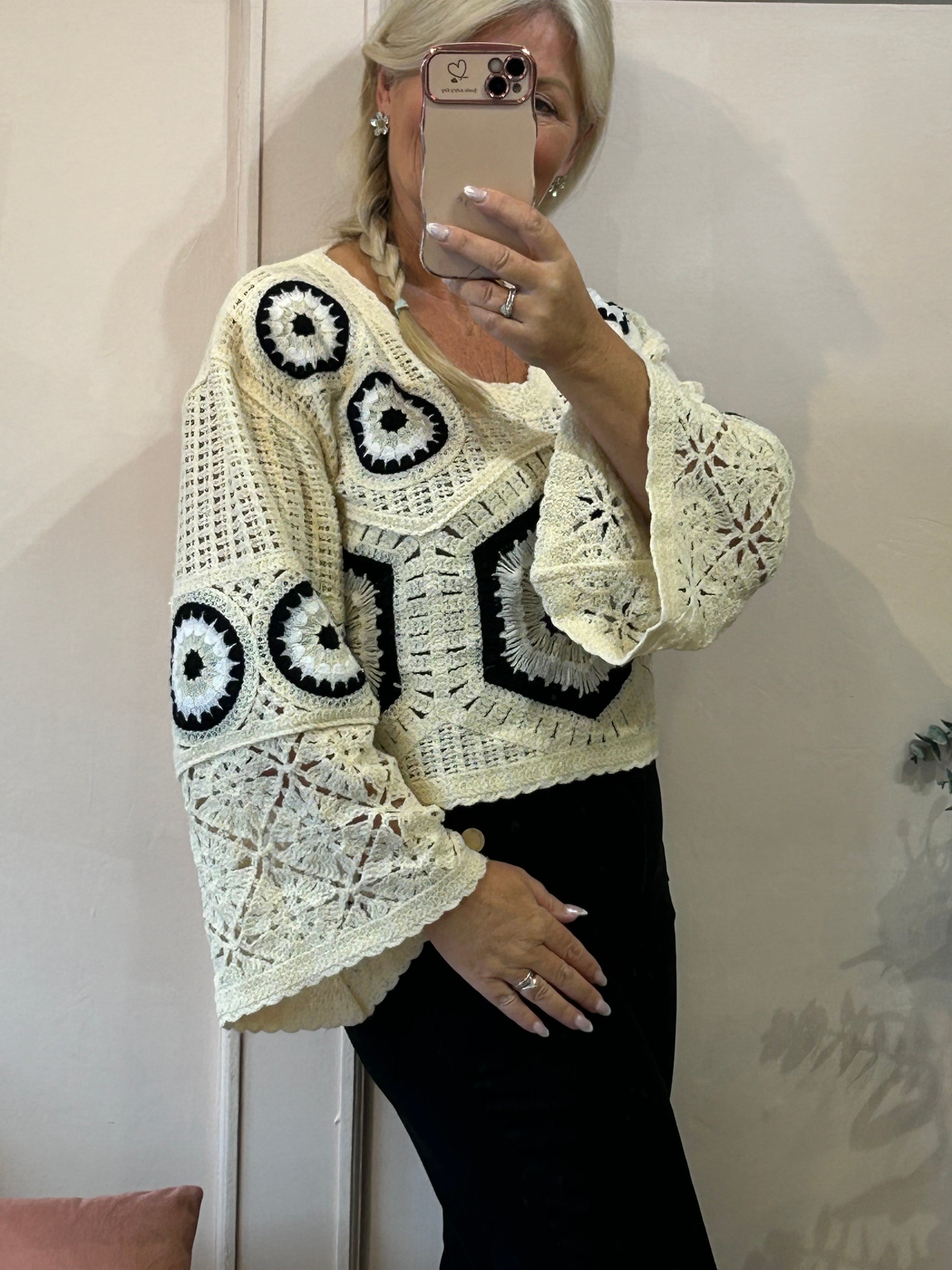 Crochet  V Neck Jumper - Cream/Black - Wardrobe By Simone