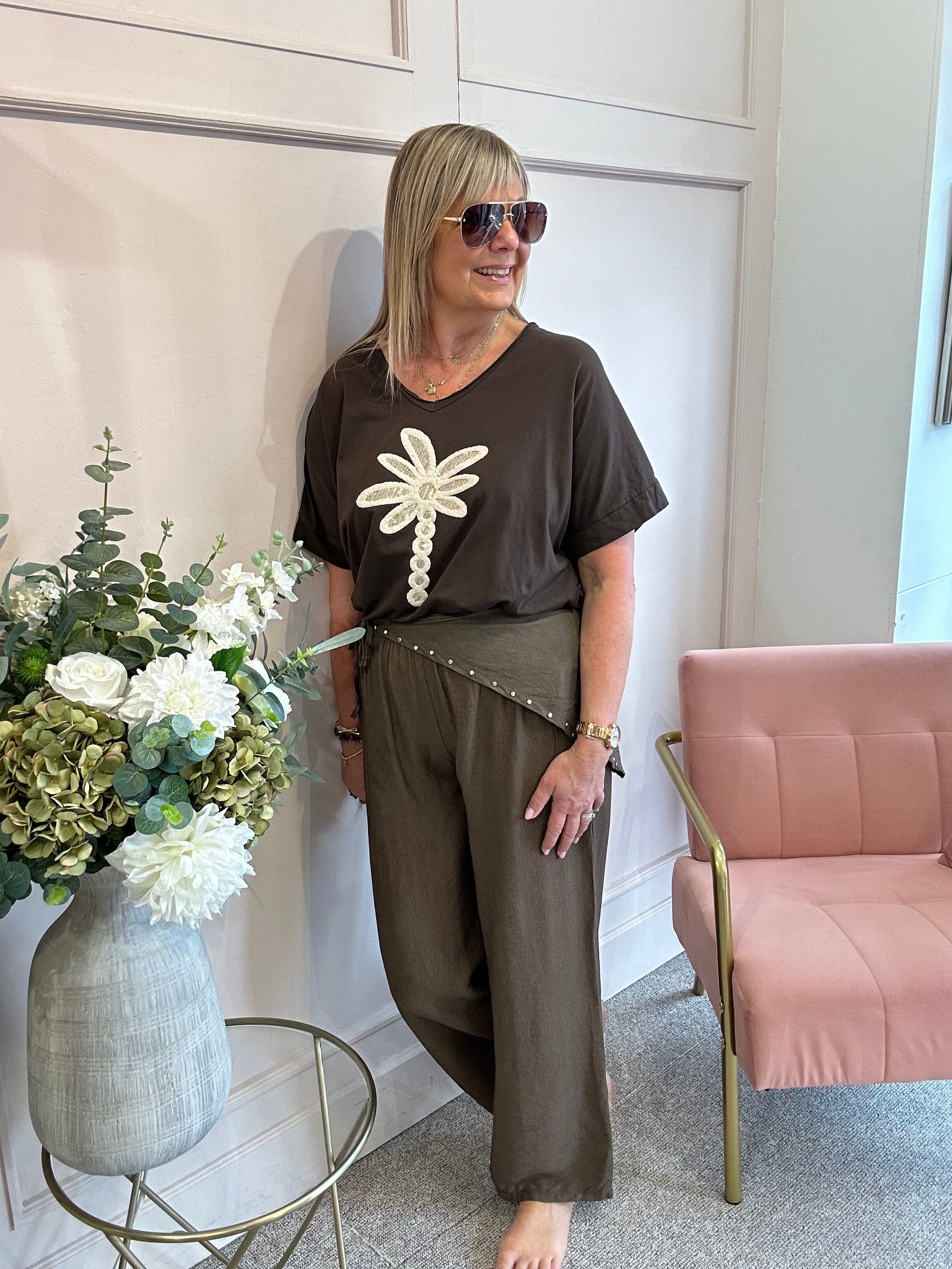 Palm With Gold Sequin T Shirt  - Brown