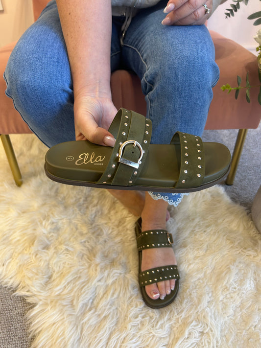 Julia Gold Stud & Buckle Sandal - Olive