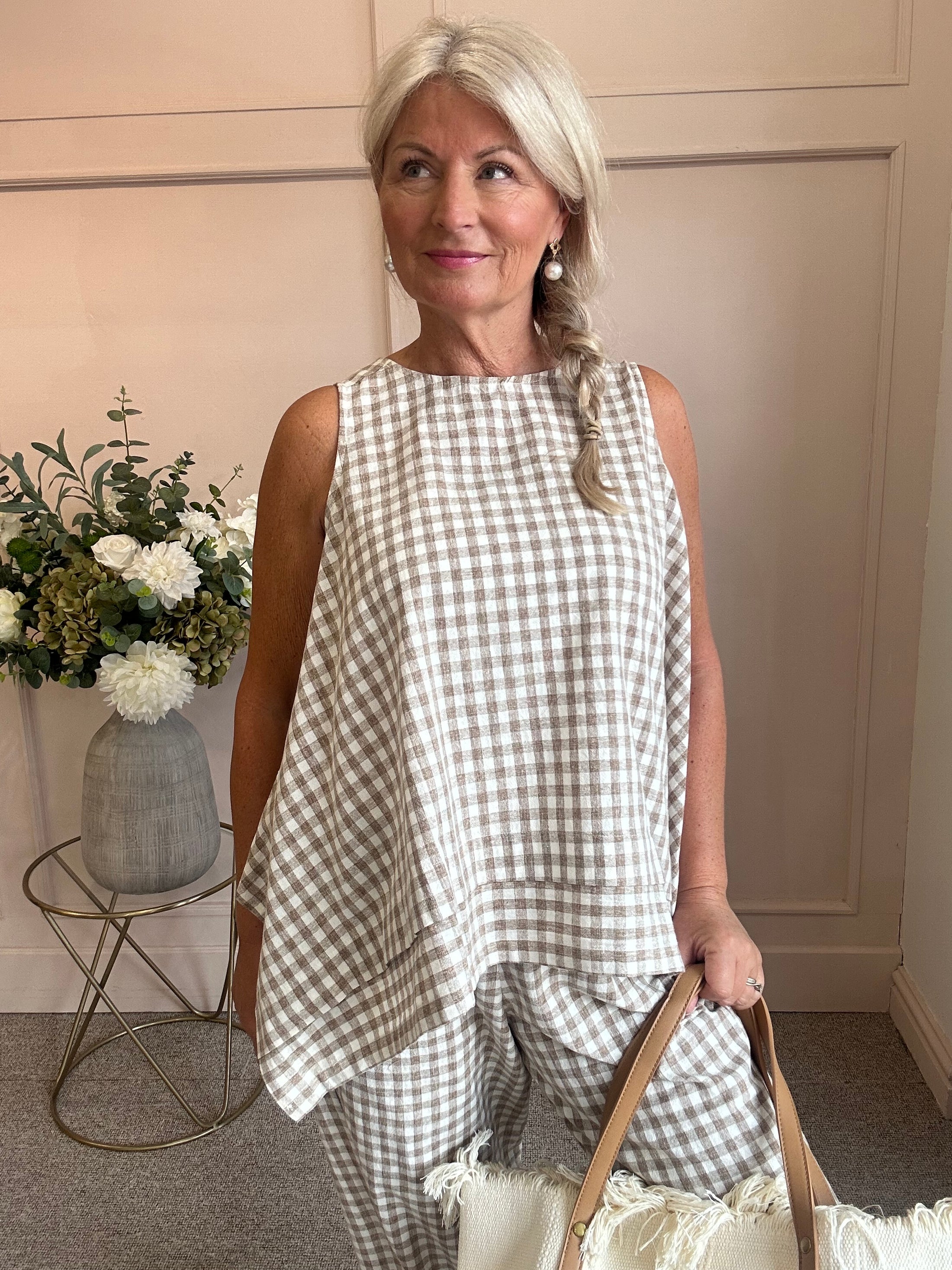 Floaty Sleeveless Top Gingham - Brown One Size