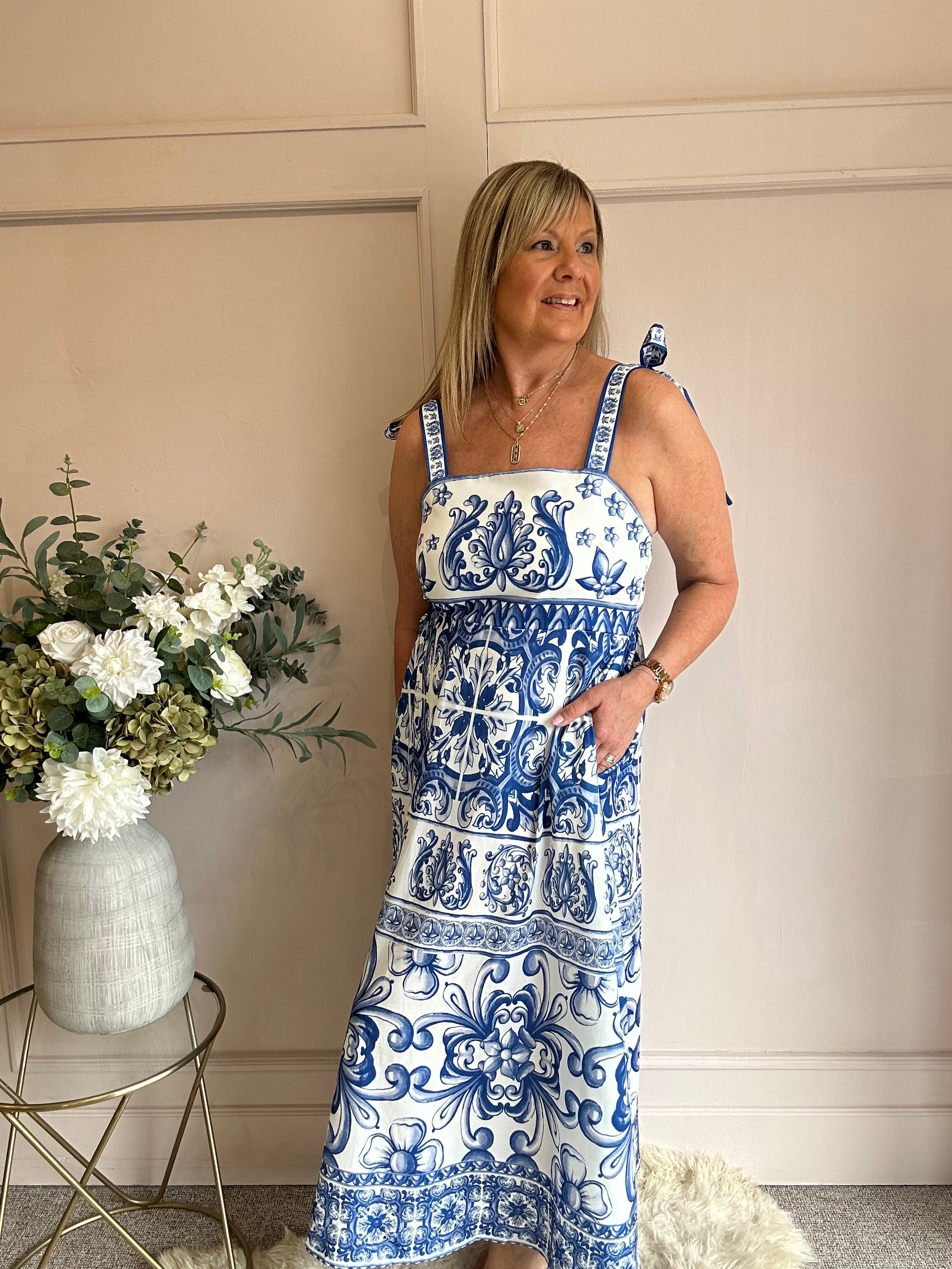 Goddess Of Love Maxi SunDress - White/Blue - Wardrobe By Simone