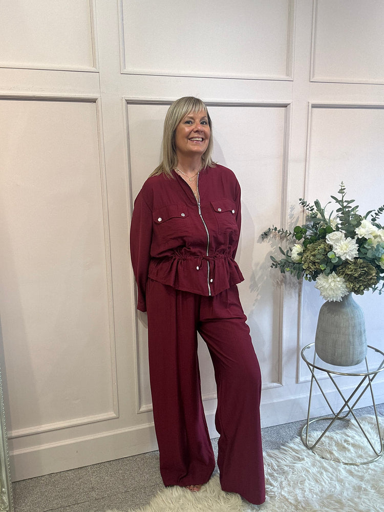 Jacket & Wide Pant Set - Burgundy
