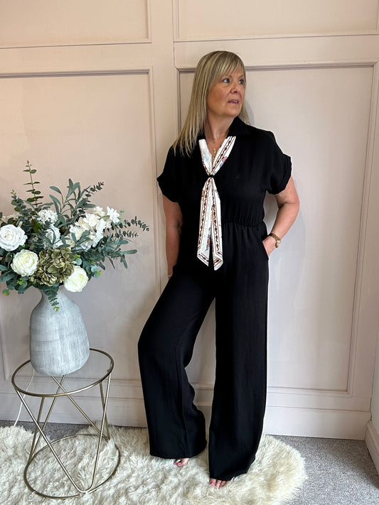 Collared With A Tie  Jumpsuit - Black - Wardrobe By Simone