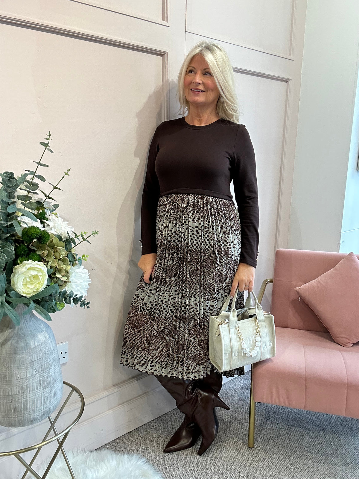 Jersey Top & Pleated Skirt Dress - Brown/Cream