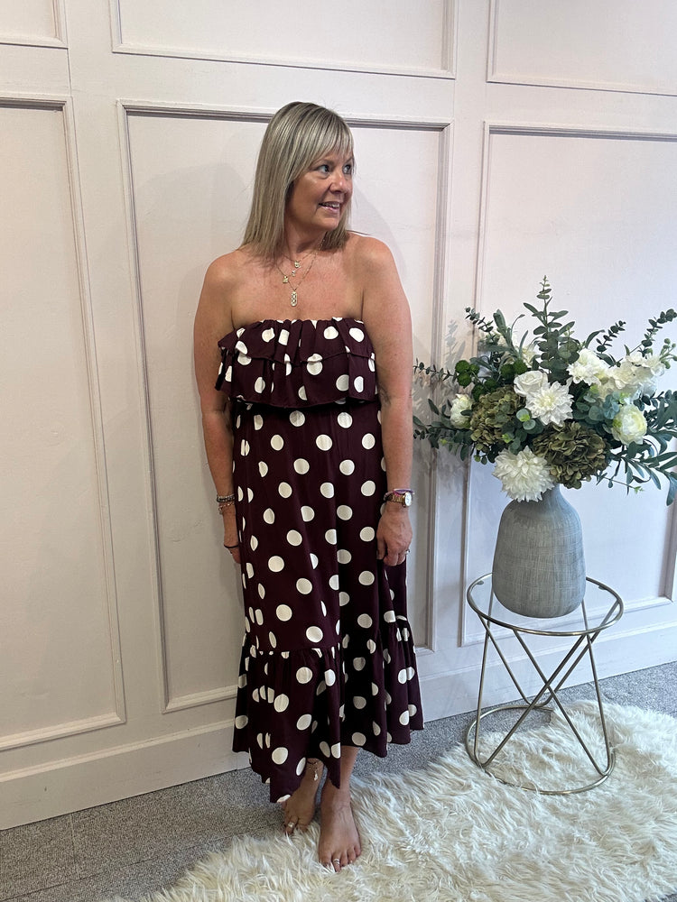 Polka Dress Bardot - Wine/Cream