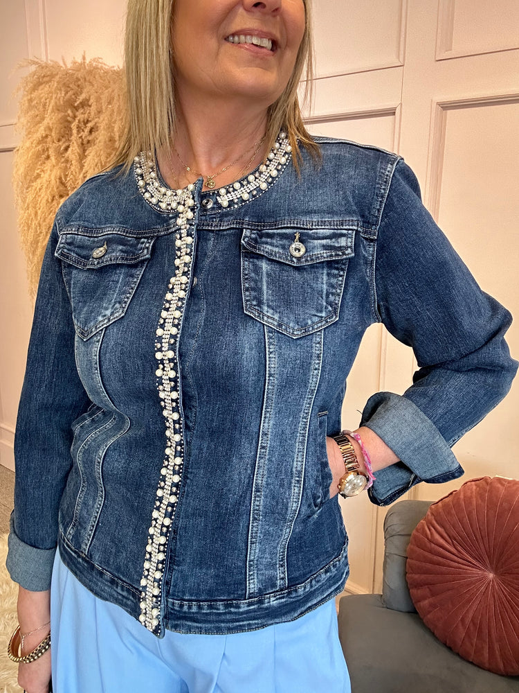 Pearl Embellished Denim Jacket - Dark Blue