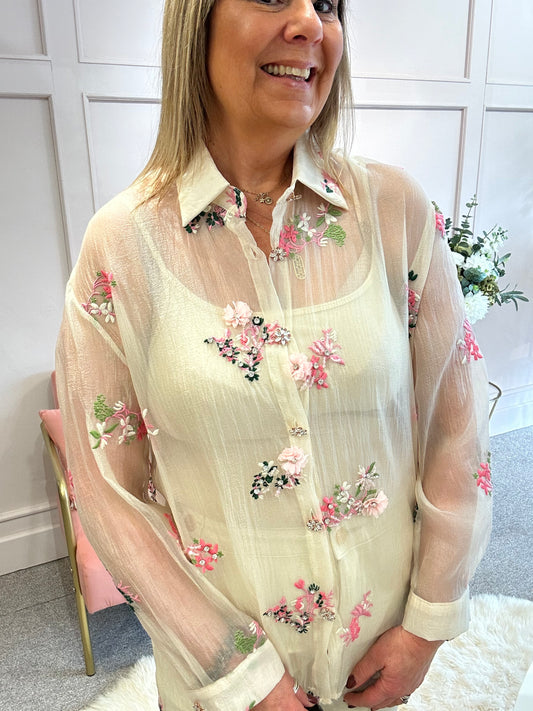 Embroidered Floral & Sparkle Shirt  - Soft Beige - Wardrobe By Simone