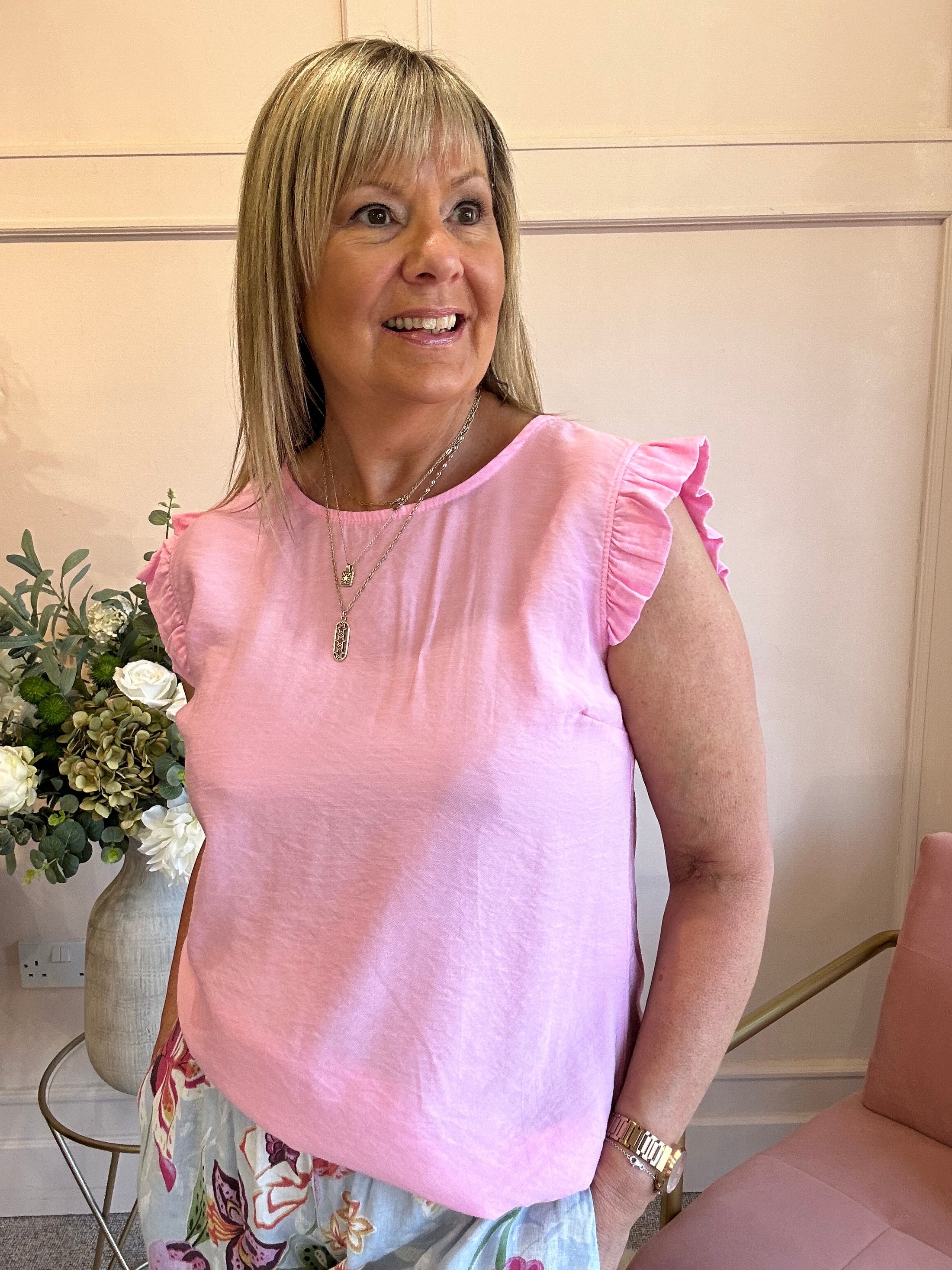Frill Cap Sleeved Top  - Dusky PInk - Wardrobe By Simone