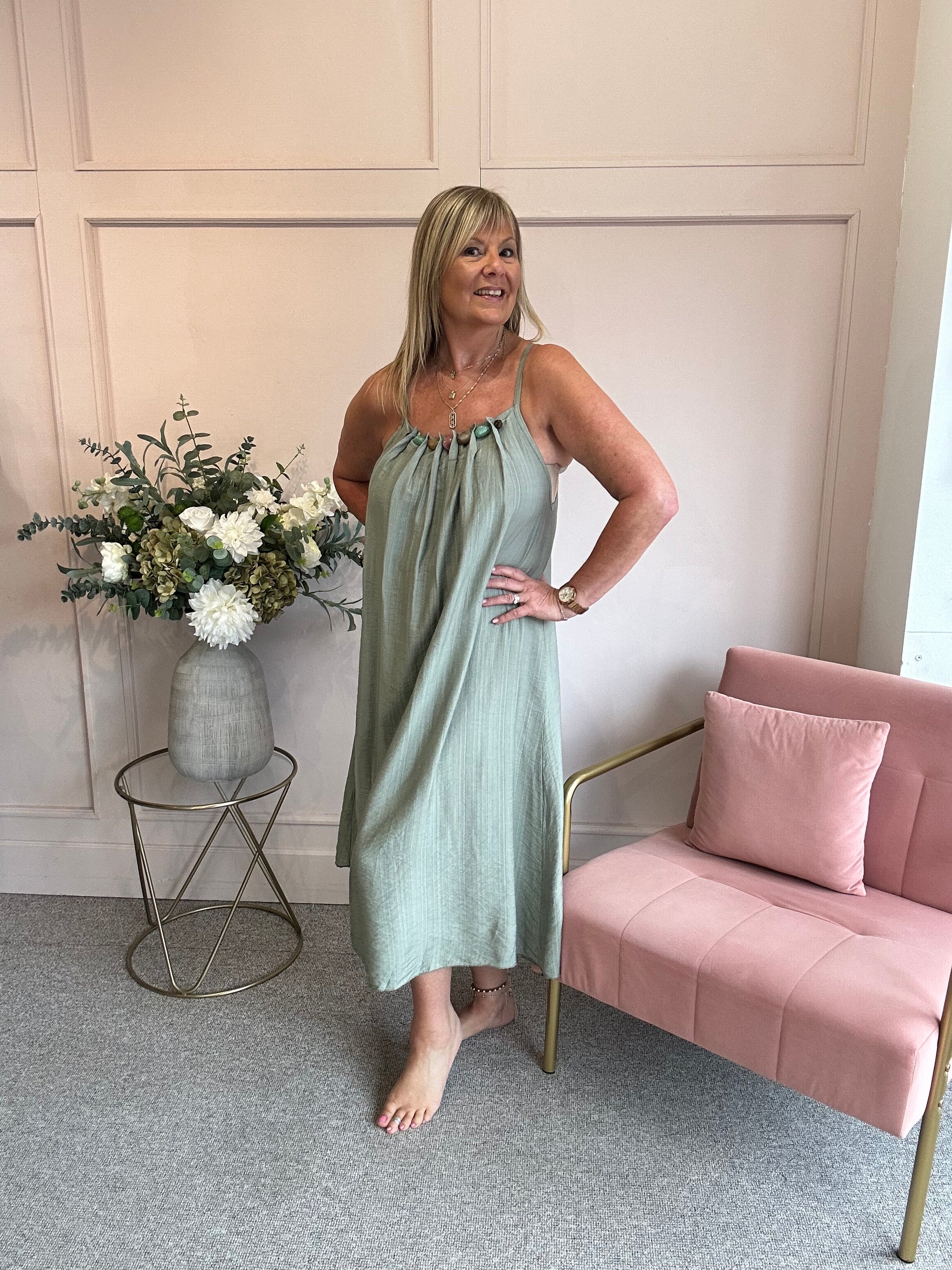 Beaded Strapy Sundress Dress - Sage Green