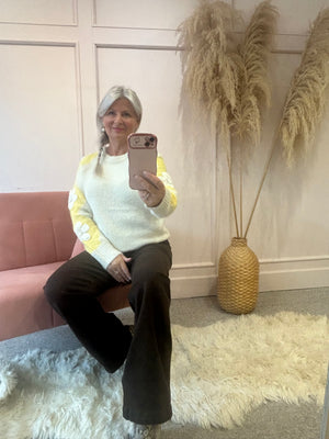 Beaded Flower Detail Jumper - Cream/Yellow