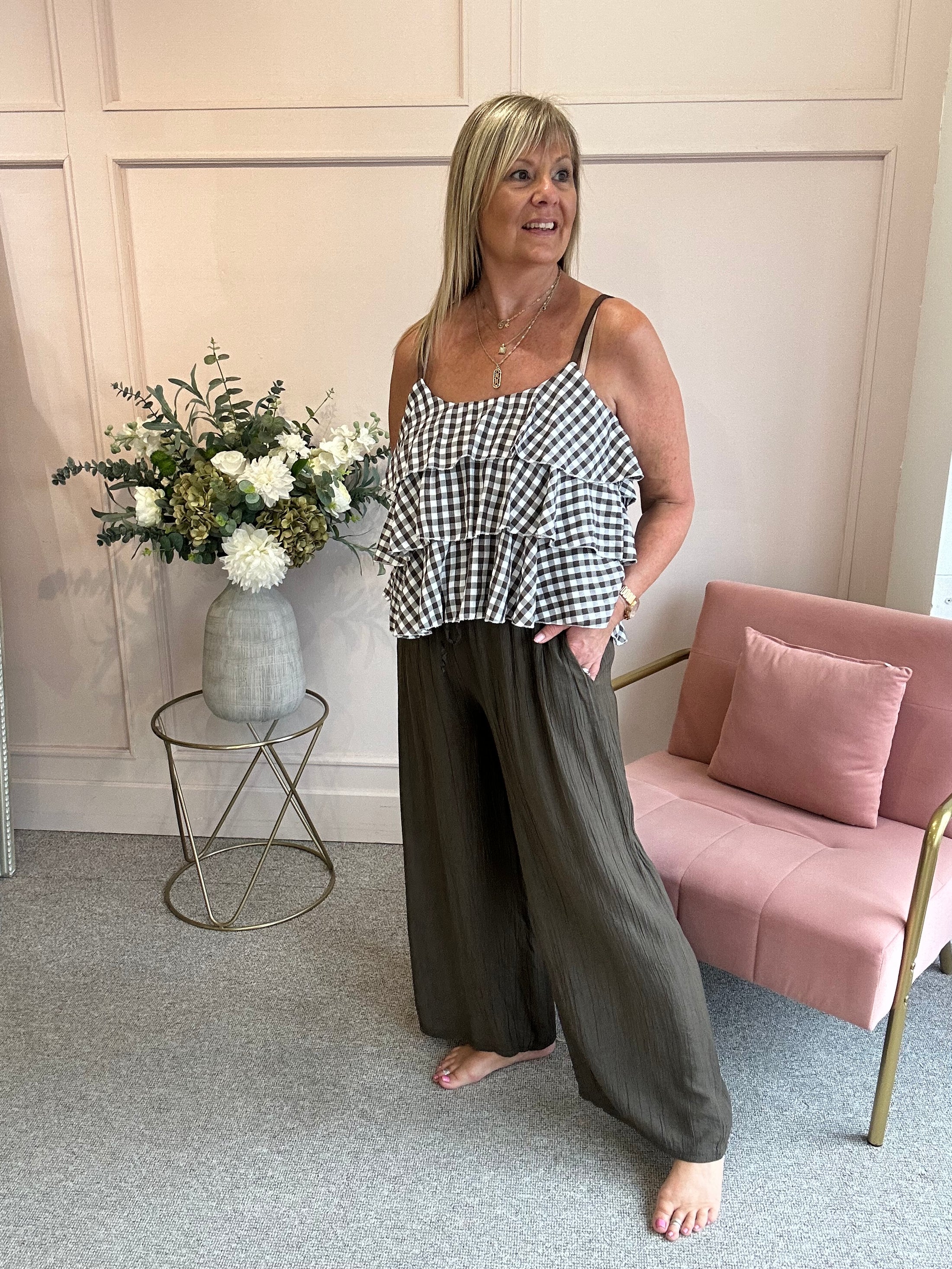 Ra-Ra Gingham Cami Top - Khaki/White