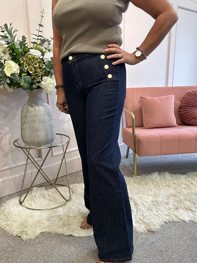 Gold Button Detail Wide Jean - Denim