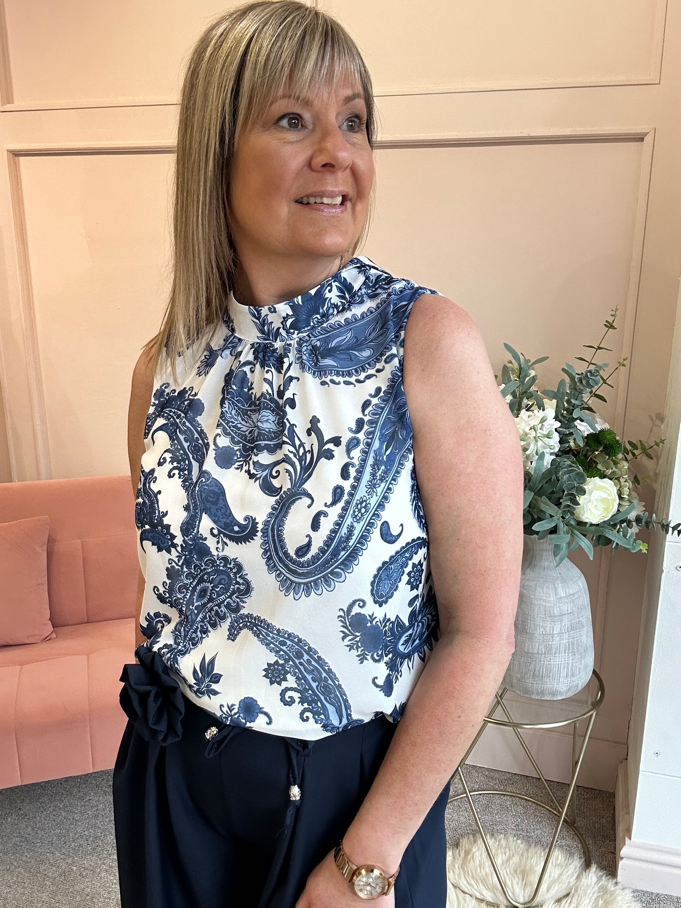 Paisley Sleeveless Top - Blues/White - Wardrobe By Simone