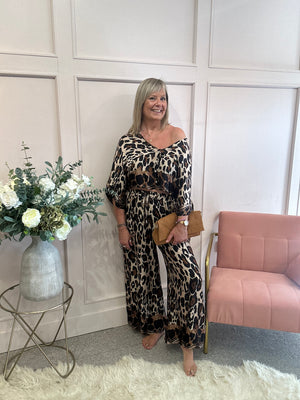 Leopard Top & Wide Pant Set - Black/Cream