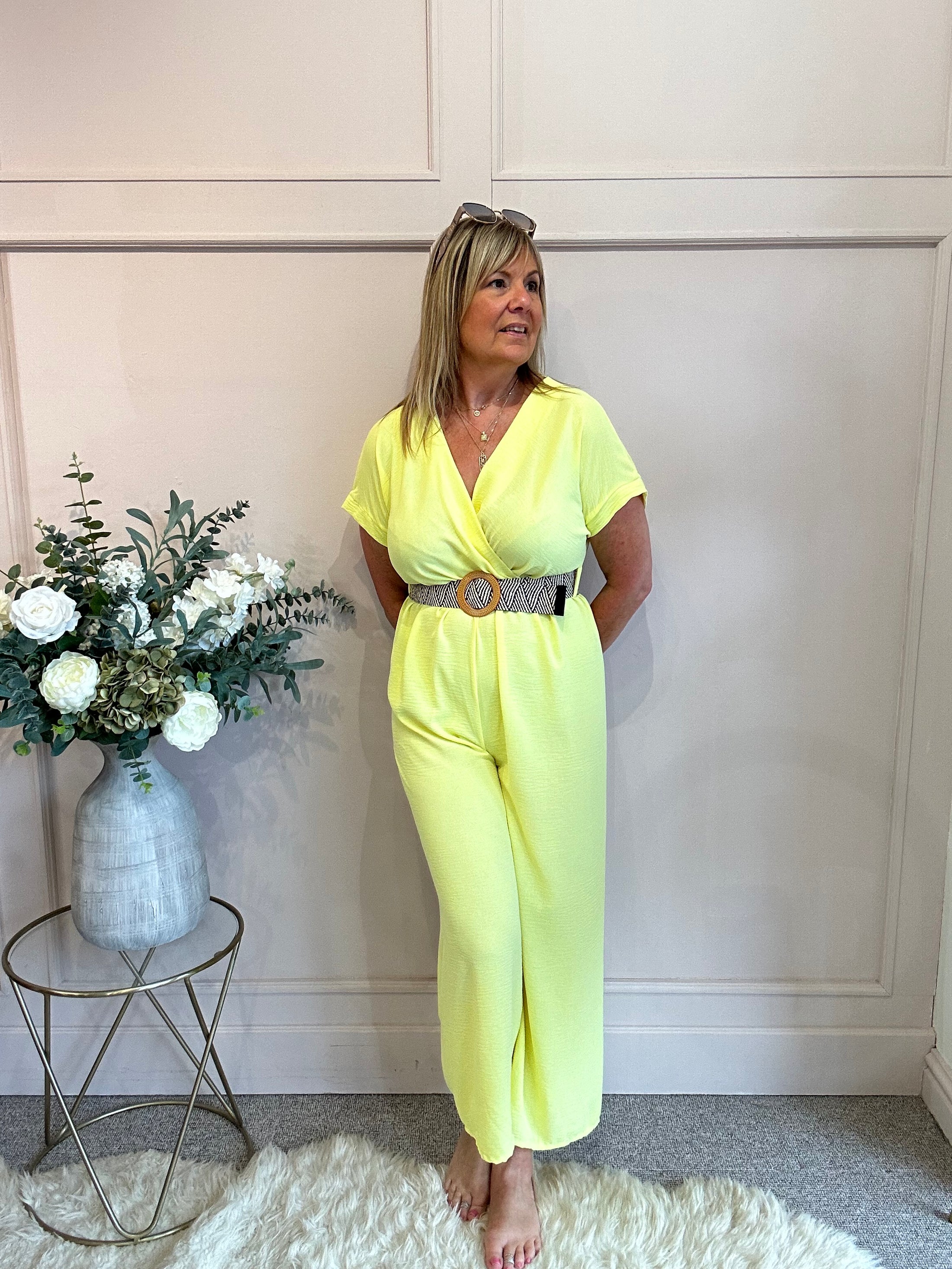 V Neck Jumpuit - Yellow One Size