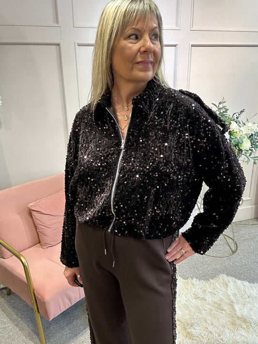 Shimmer Sequin Zipped Jacket - Browns