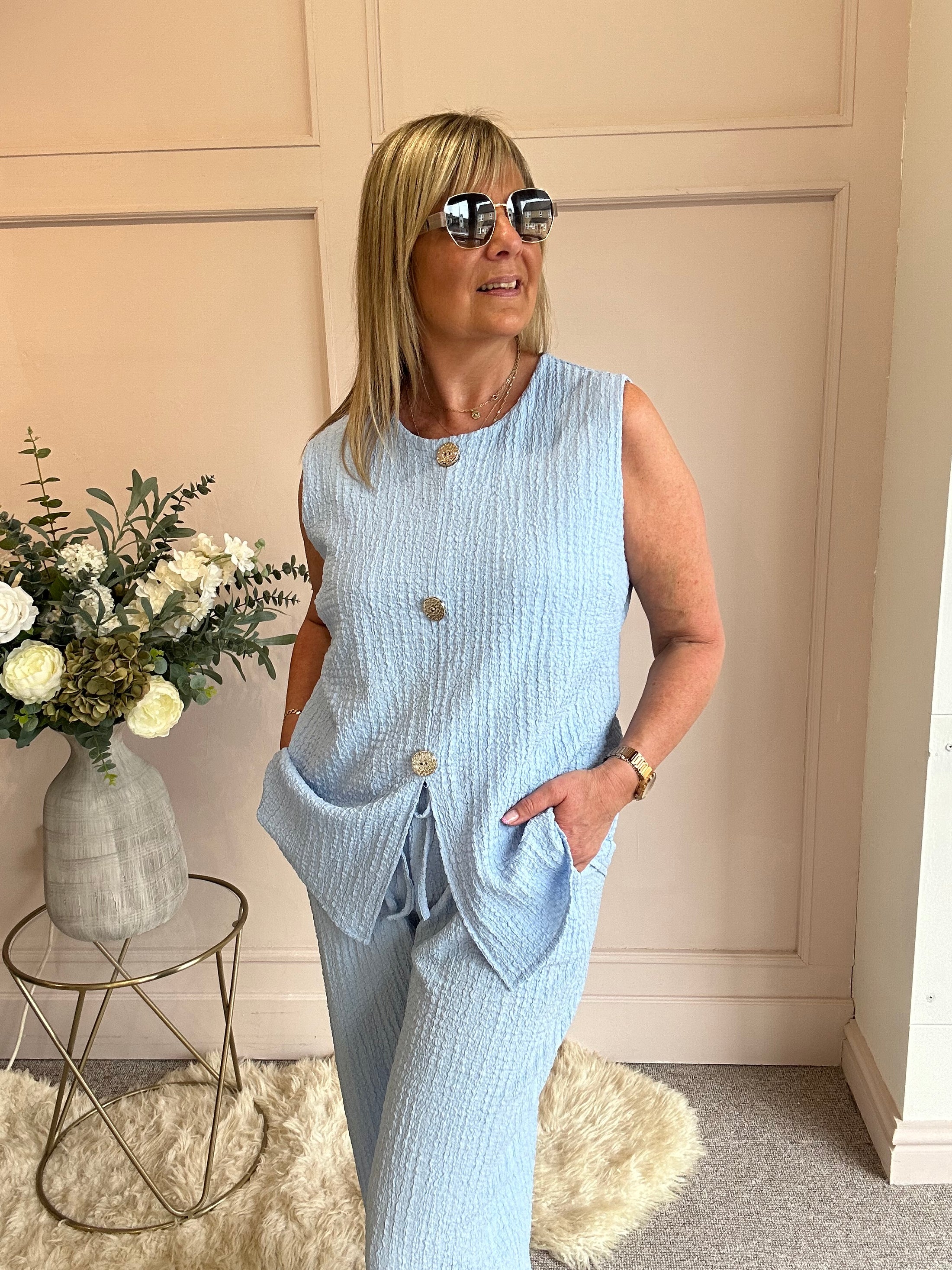 Waffle Effect Top & Pant Set - Cornflower Blue - Wardrobe By Simone