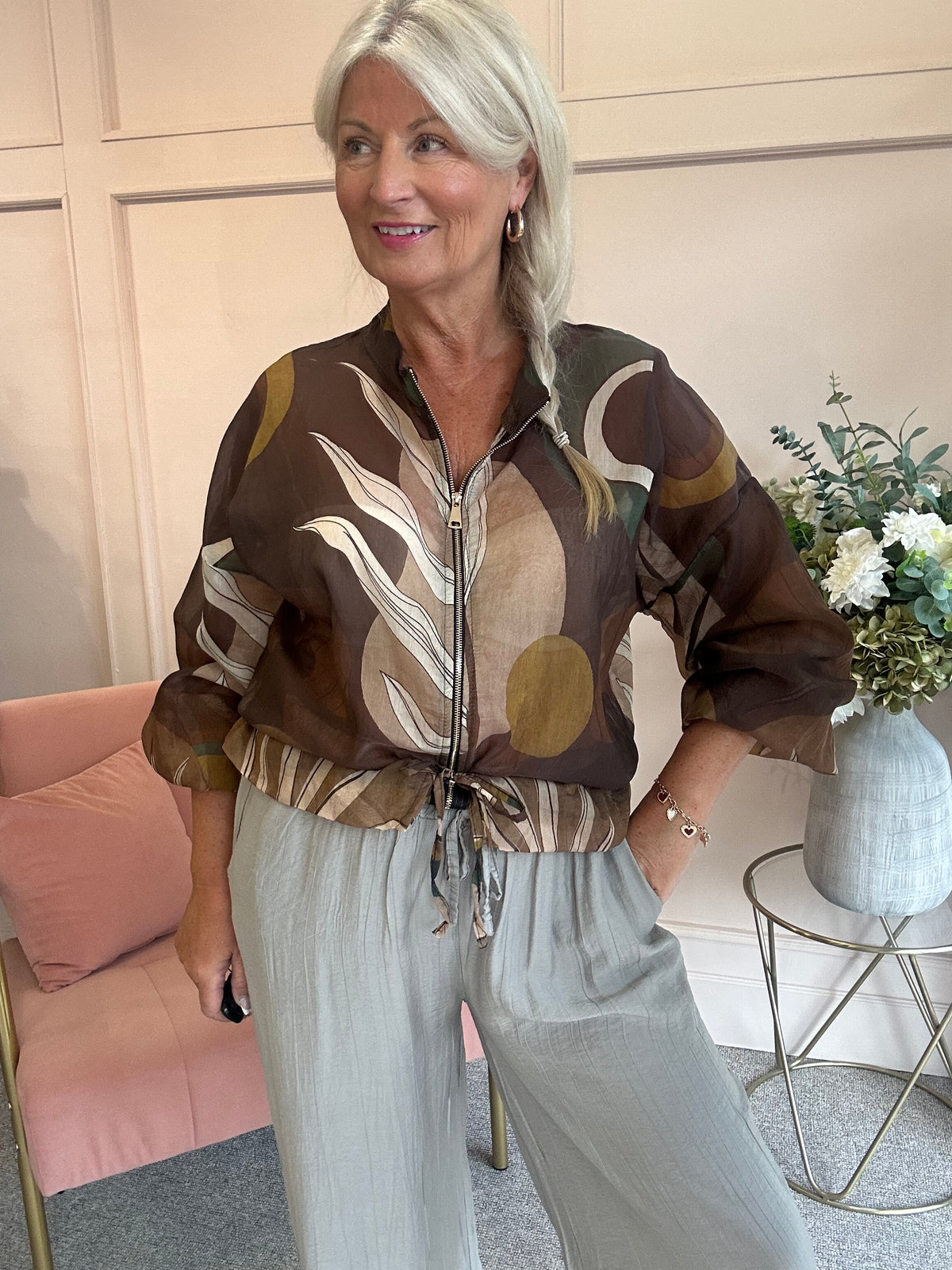 Lightweight Print Zip Jacket - DarkBrown/Green - Wardrobe By Simone