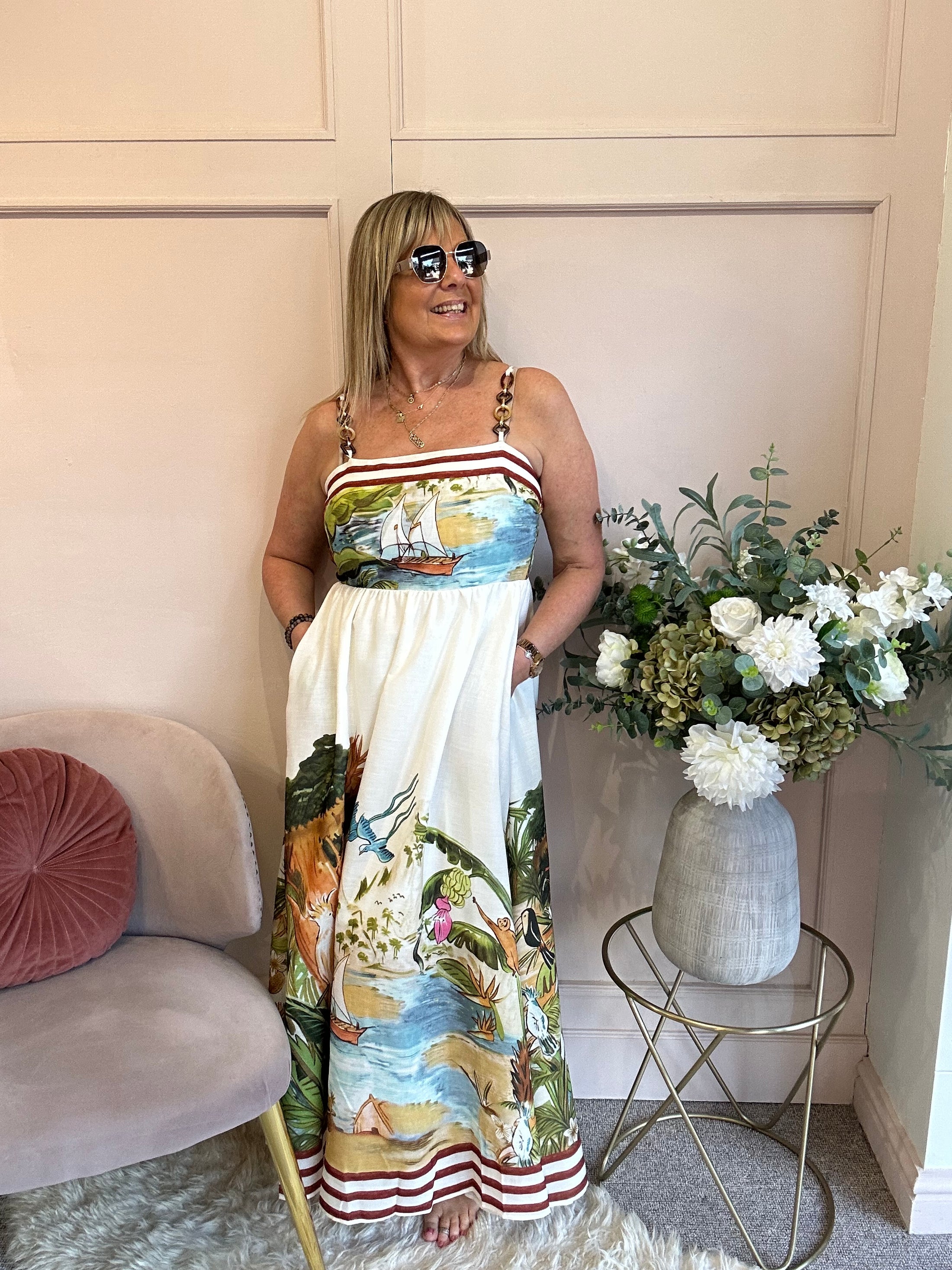 Lost In Paradise Maxi Dress - Cream/Green - Wardrobe By Simone