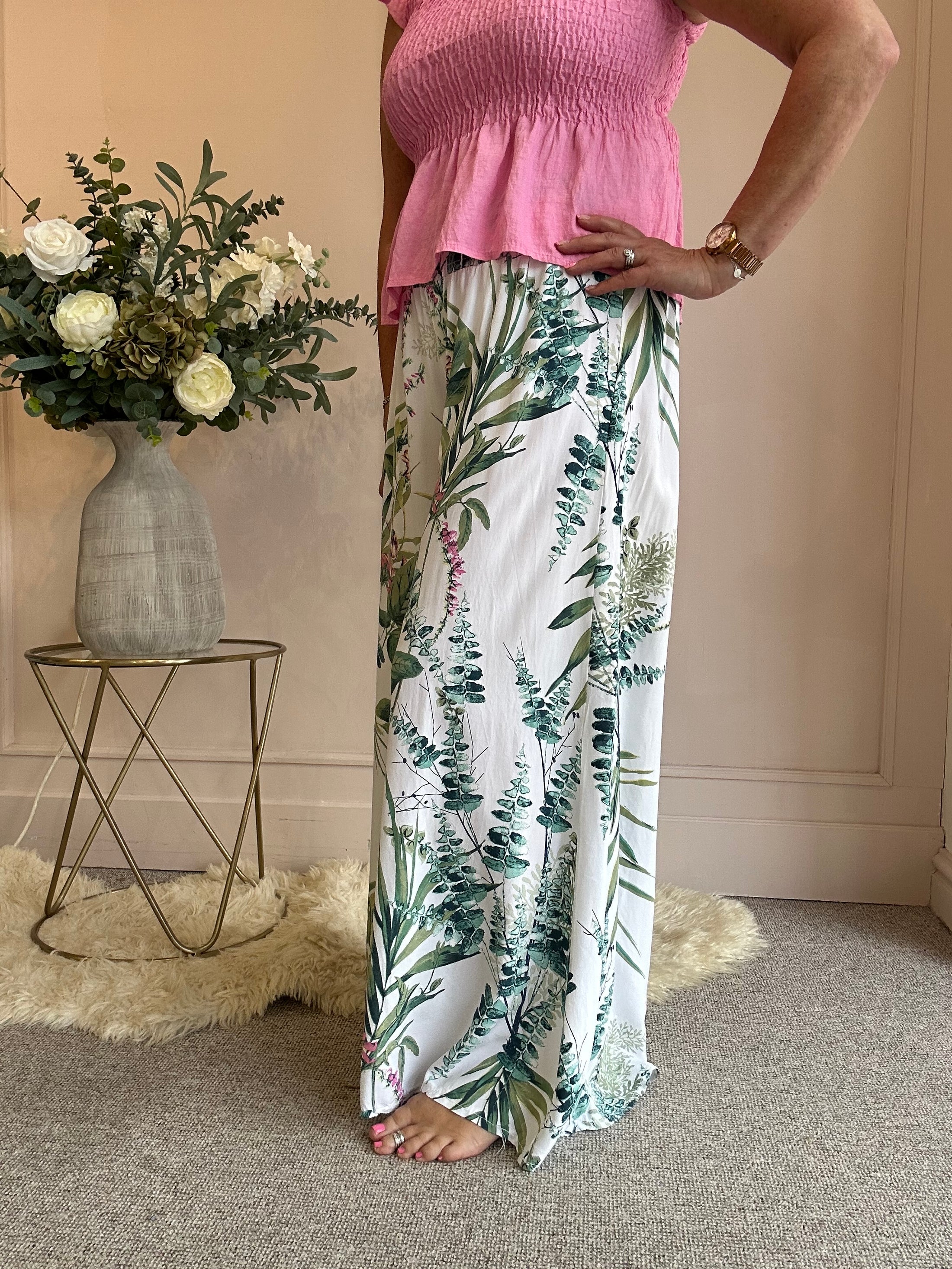 Botanical Palazzo Pant - White/Green - Wardrobe By Simone