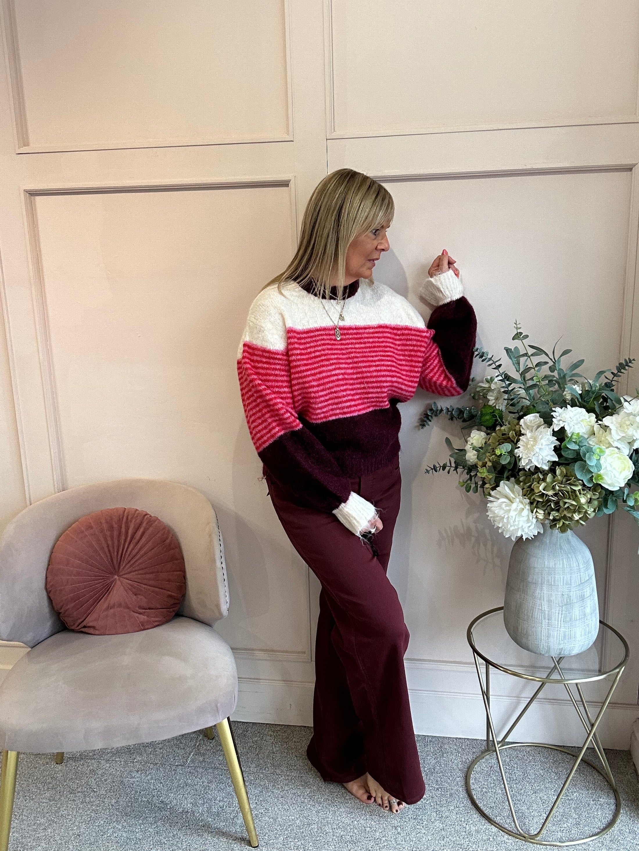 Frill Cuff Cosy Jumper - Cream/Raspberry