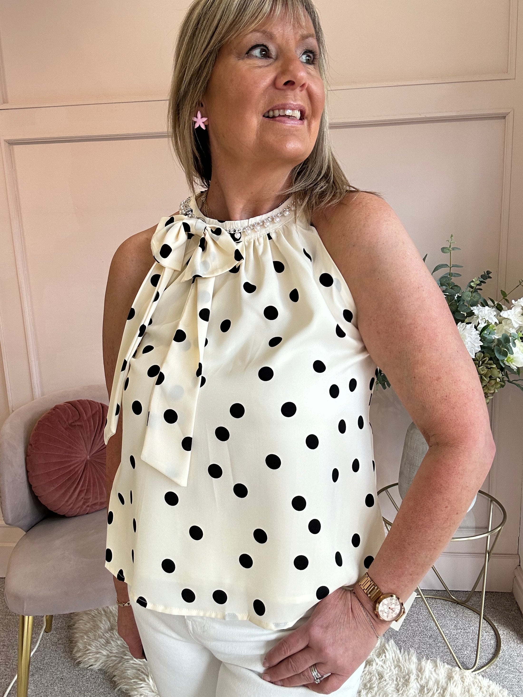 Polka Dot & Pearl Top - Cream/Black - Wardrobe By Simone