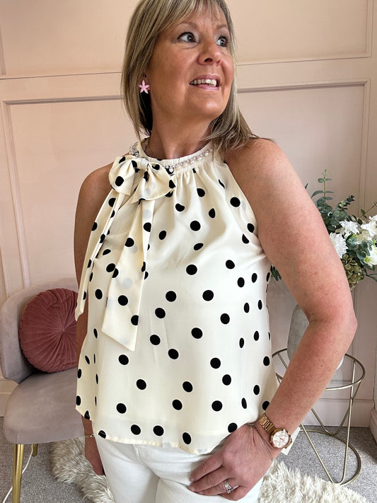 Polka Dot & Pearl Top - Cream/Black - Wardrobe By Simone