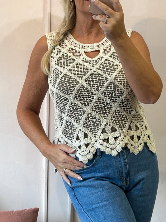 Boho Crochet Sleeveless Top - Beige - Wardrobe By Simone