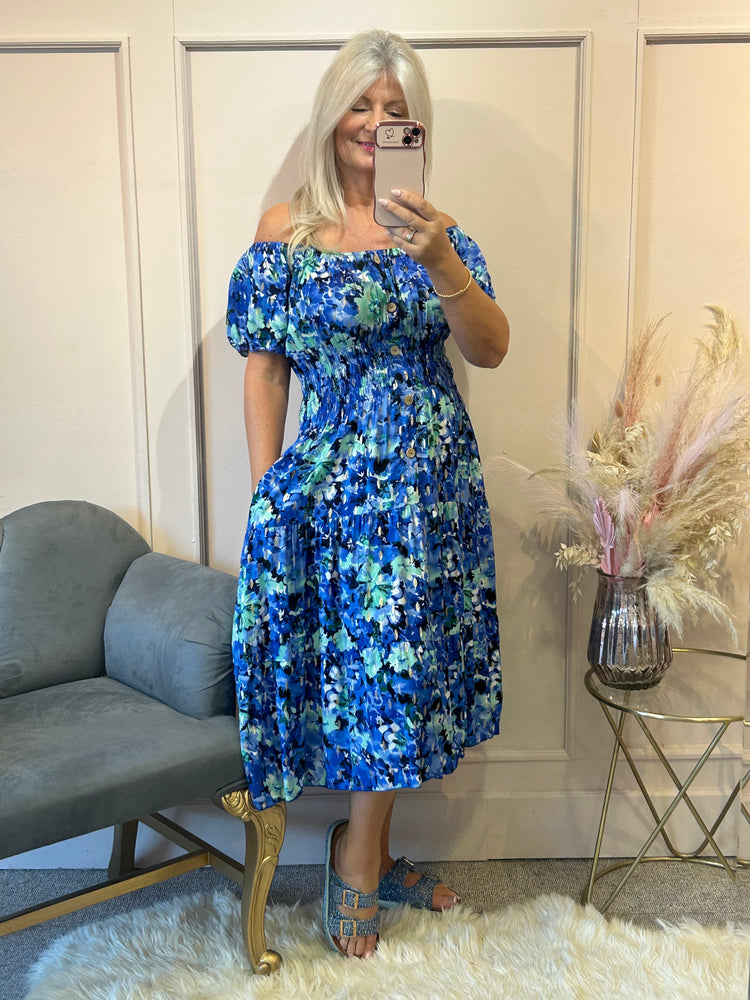 Floral Print Midi Dress - Blues - Wardrobe By Simone