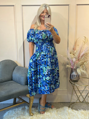 Floral Print Midi Dress - Blues - Wardrobe By Simone