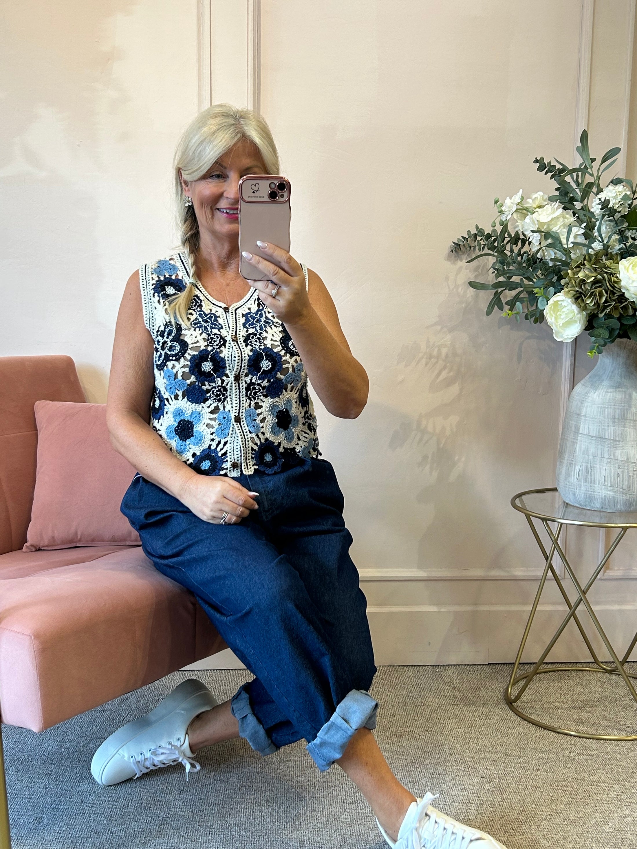 Crochet Little Waistcoat - Cream/Navy - Wardrobe By Simone