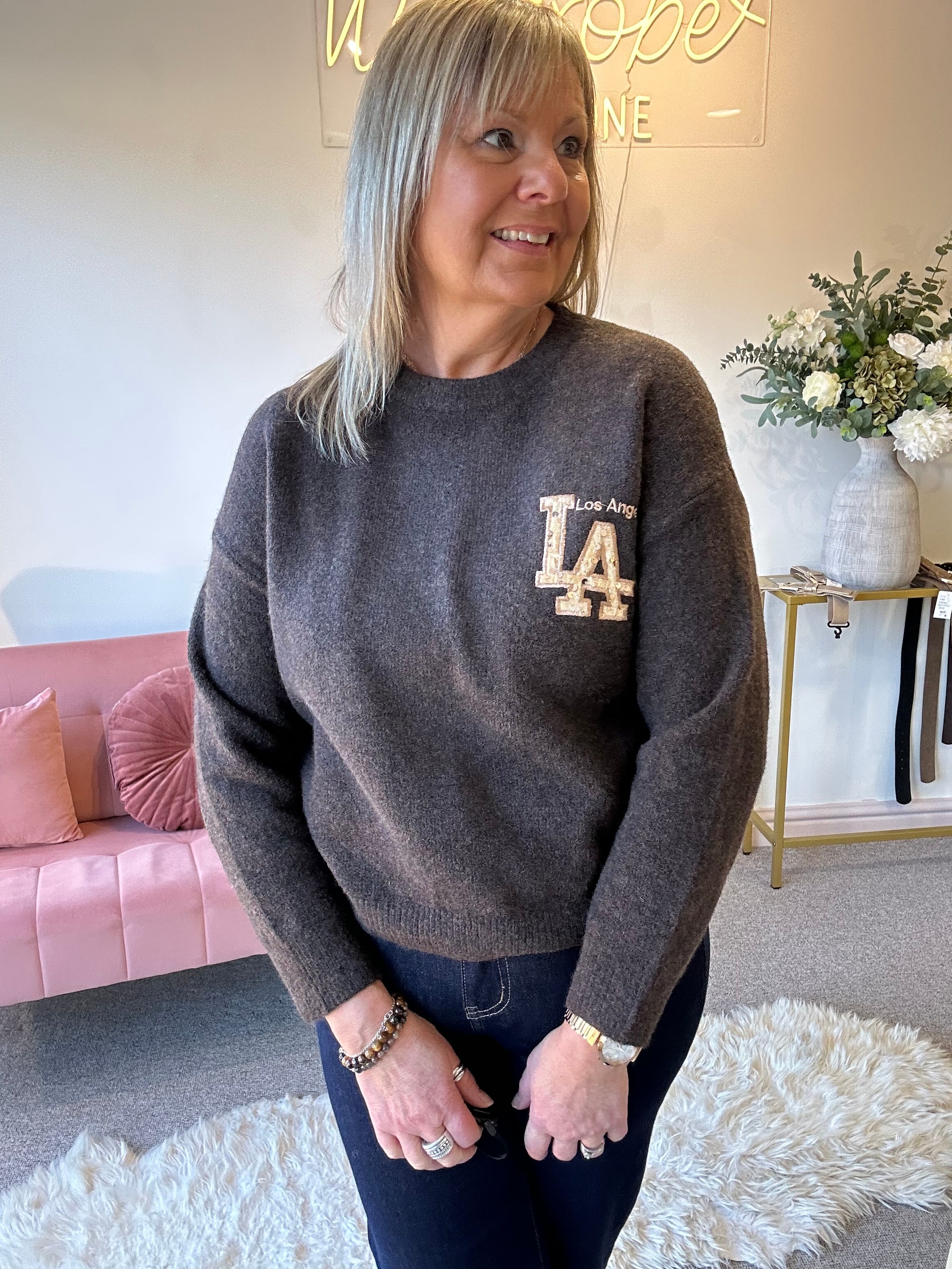 Sequin 'LA'  Detail Jumper -  Brown