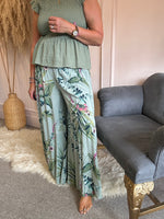 Botanical Flower Wide Leg Pant - Green MIx