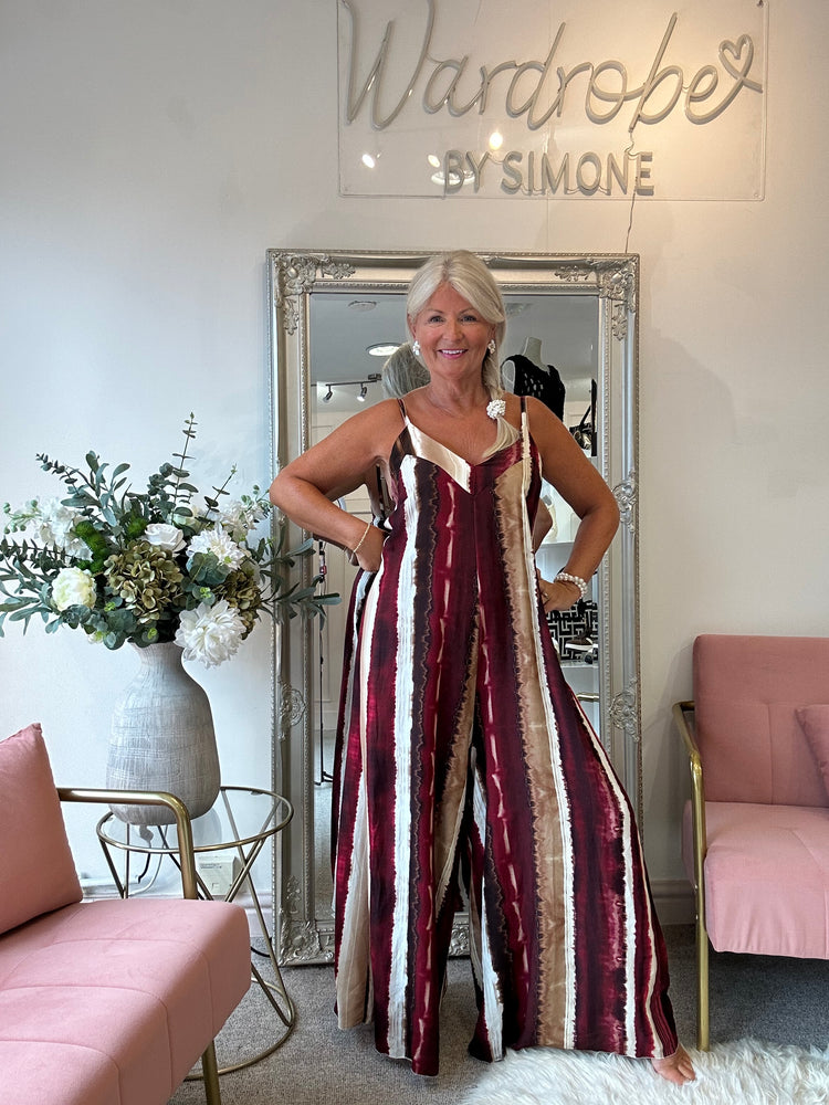 Strappy Jumpsuit - Burgundy/Tan/Cream