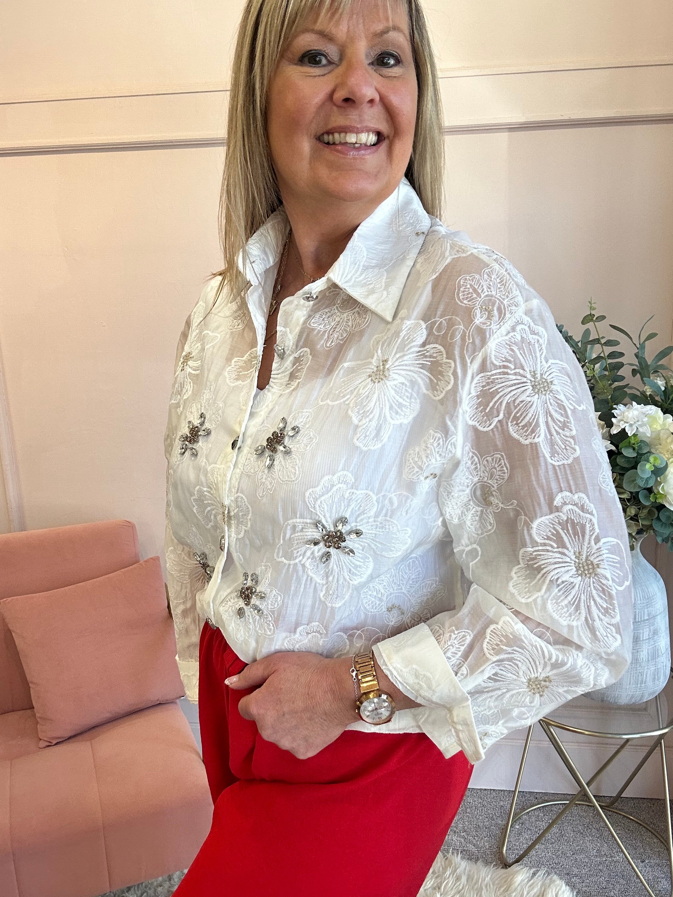 Gold Flower & Gem Detail Shirt  - Soft Cream - Wardrobe By Simone