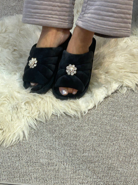Gem Embellished Quilt Slipper -Raven
