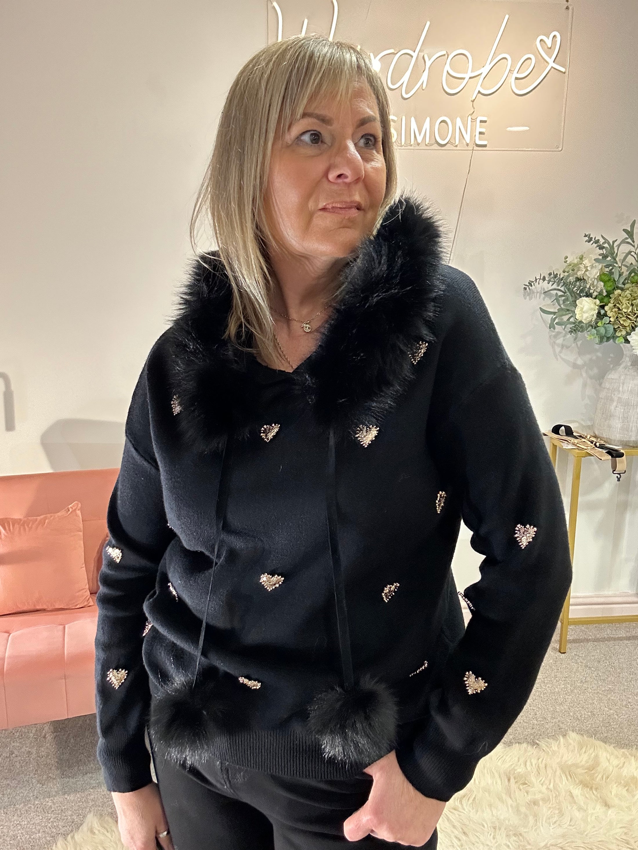 Gold Hearts & Fur Trim Hoody Jumper - Black