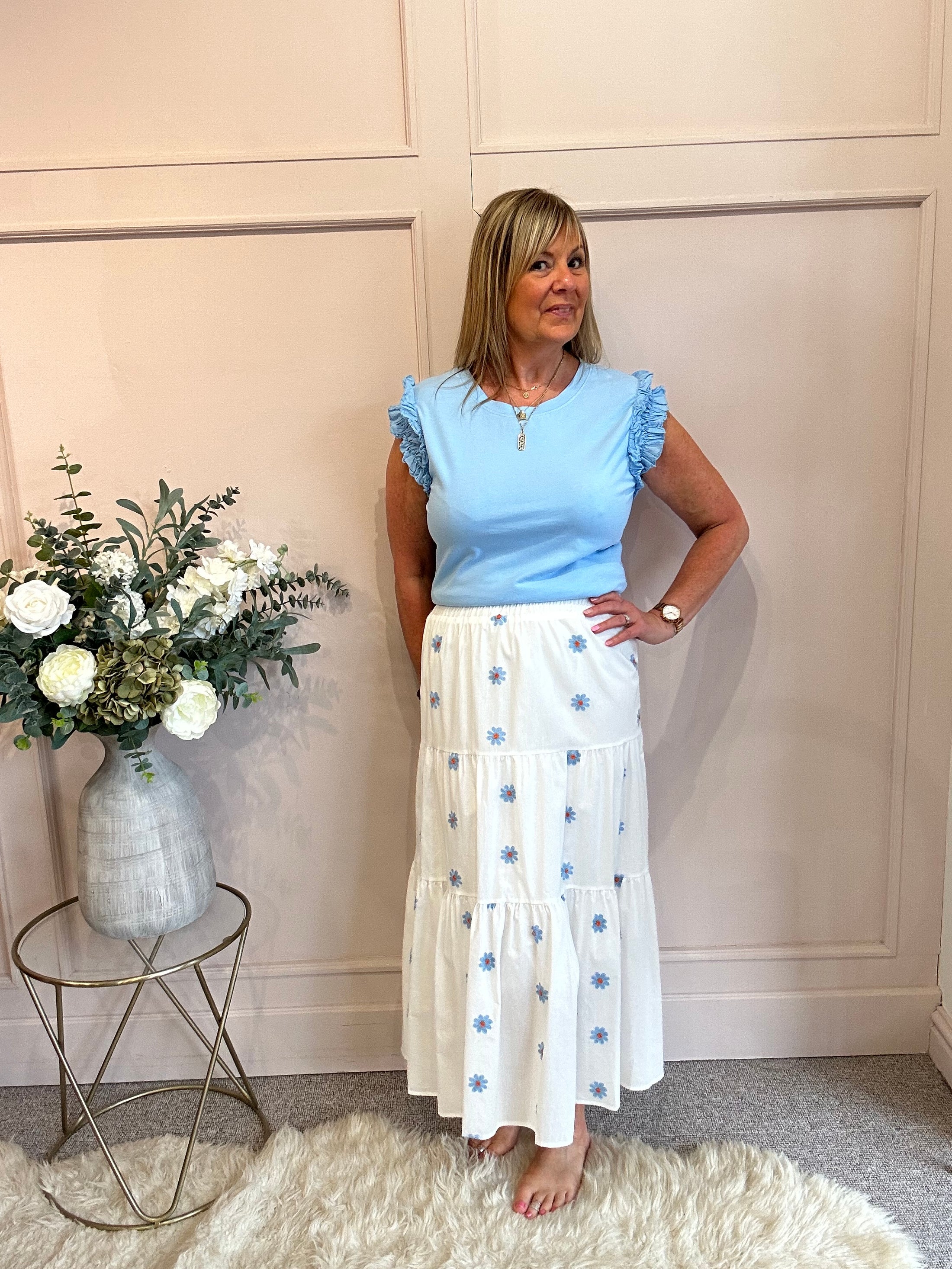 Frill Sleeve T-Shirt - Blue One size