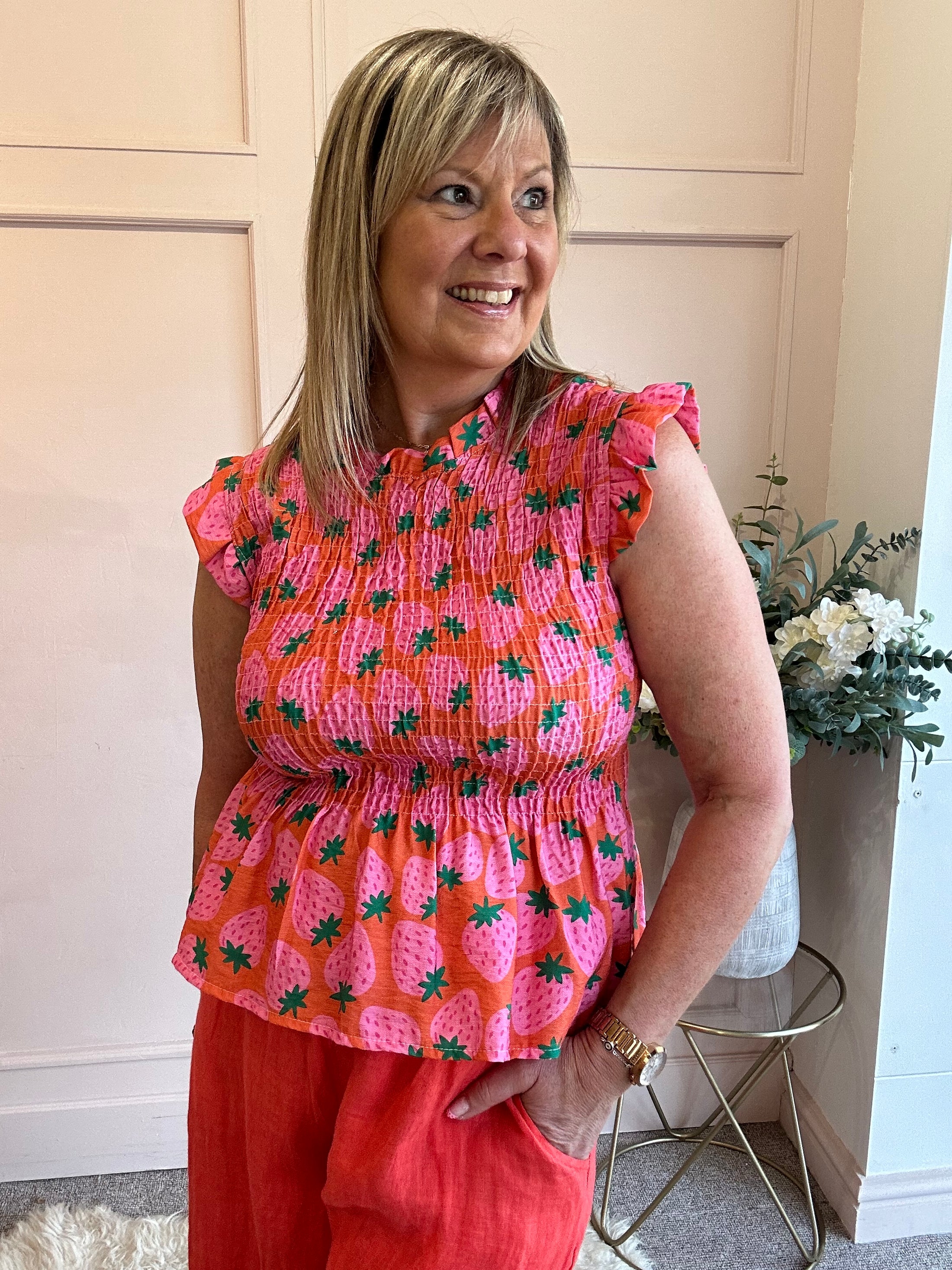 Cute Strawberry Peplum Top  - Orange/Pink - Wardrobe By Simone