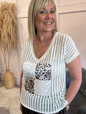 Short sleeve v neck top - Cream/Leopard
