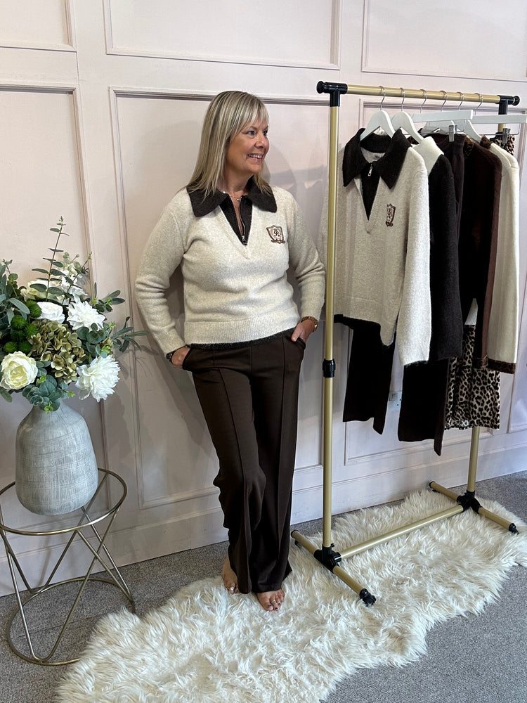 Collared Edged Zip Jumper  - Cream/Brown