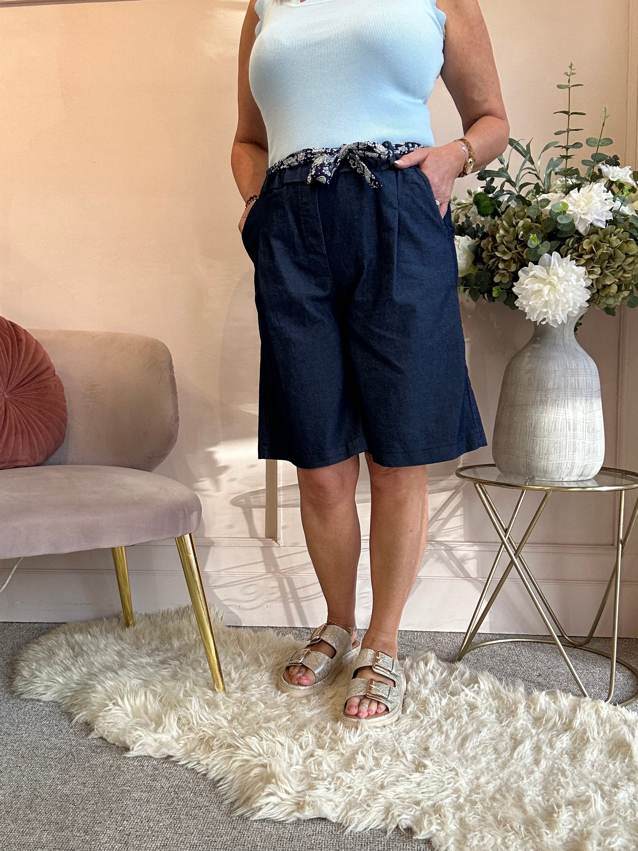Tie Belted Shorts - Dark Blue - Wardrobe By Simone