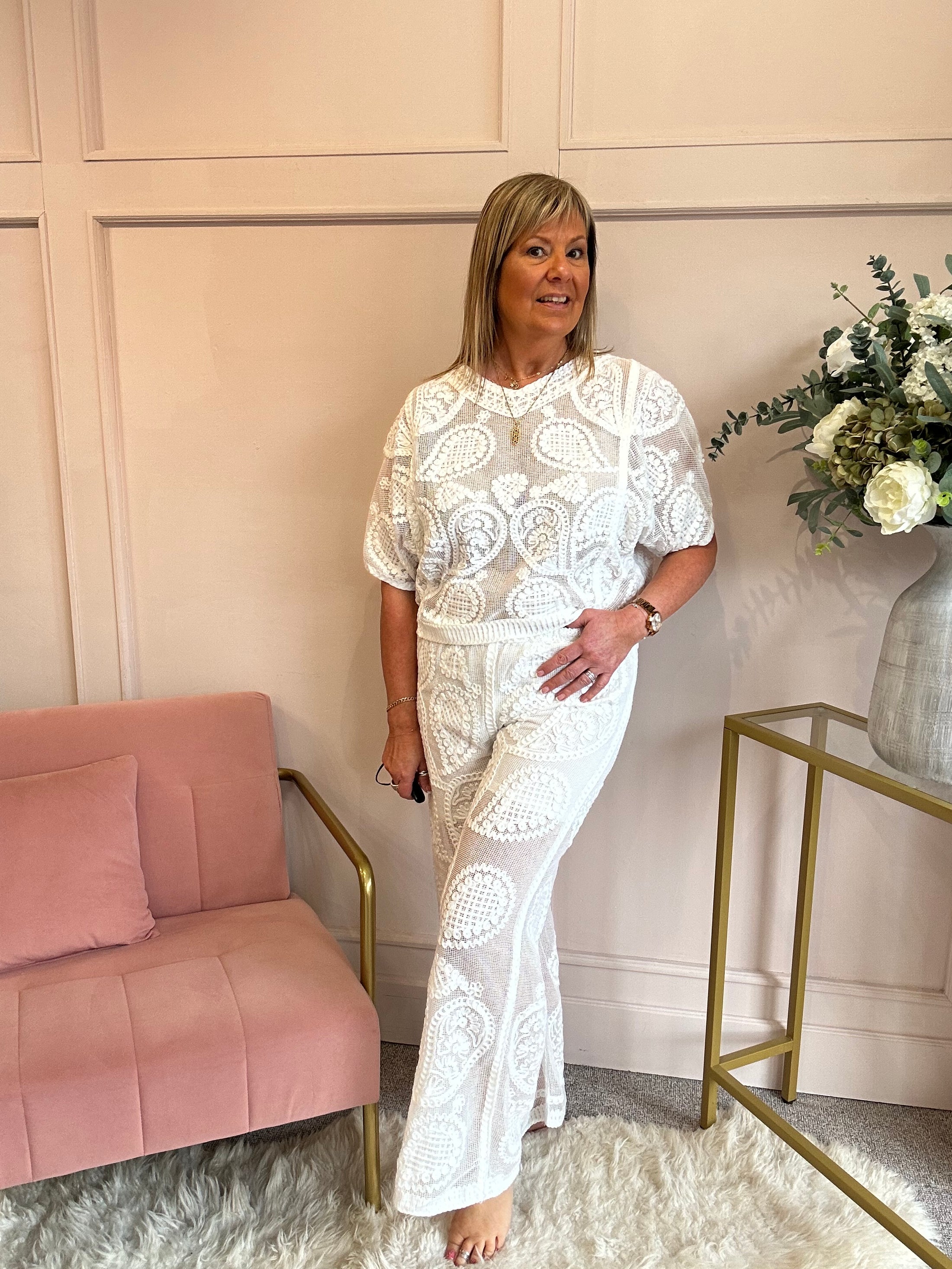 Woven Lace Detail Top & Pant Set - White - Wardrobe By Simone