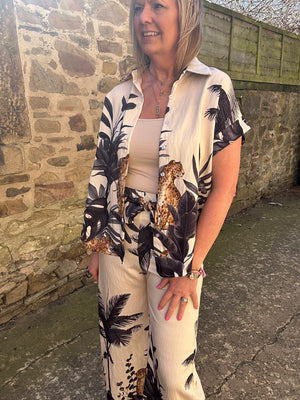 Cheetah & Palm Print Shirt - Cream/Black