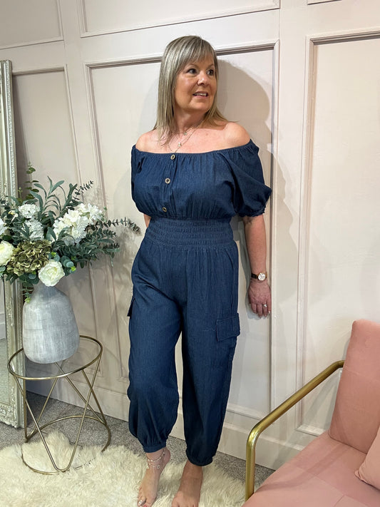 Off Shoulder Denim Vibe Jumpsuit - Blue - Wardrobe By Simone