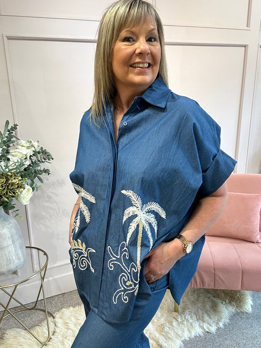 Palm Tree Detail Shirt & Pant Set - Mid Blue - Wardrobe By Simone