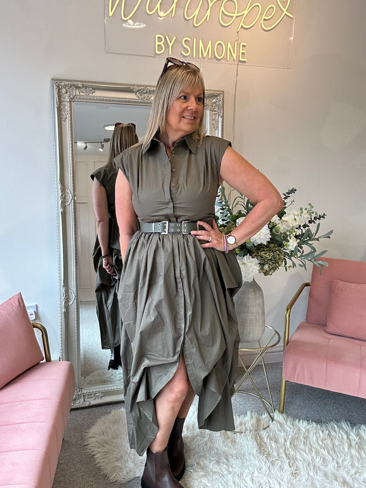 Quirky Belted Ruched Skirt Dress - Khaki