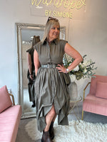 Quirky Belted Ruched Skirt Dress - Khaki