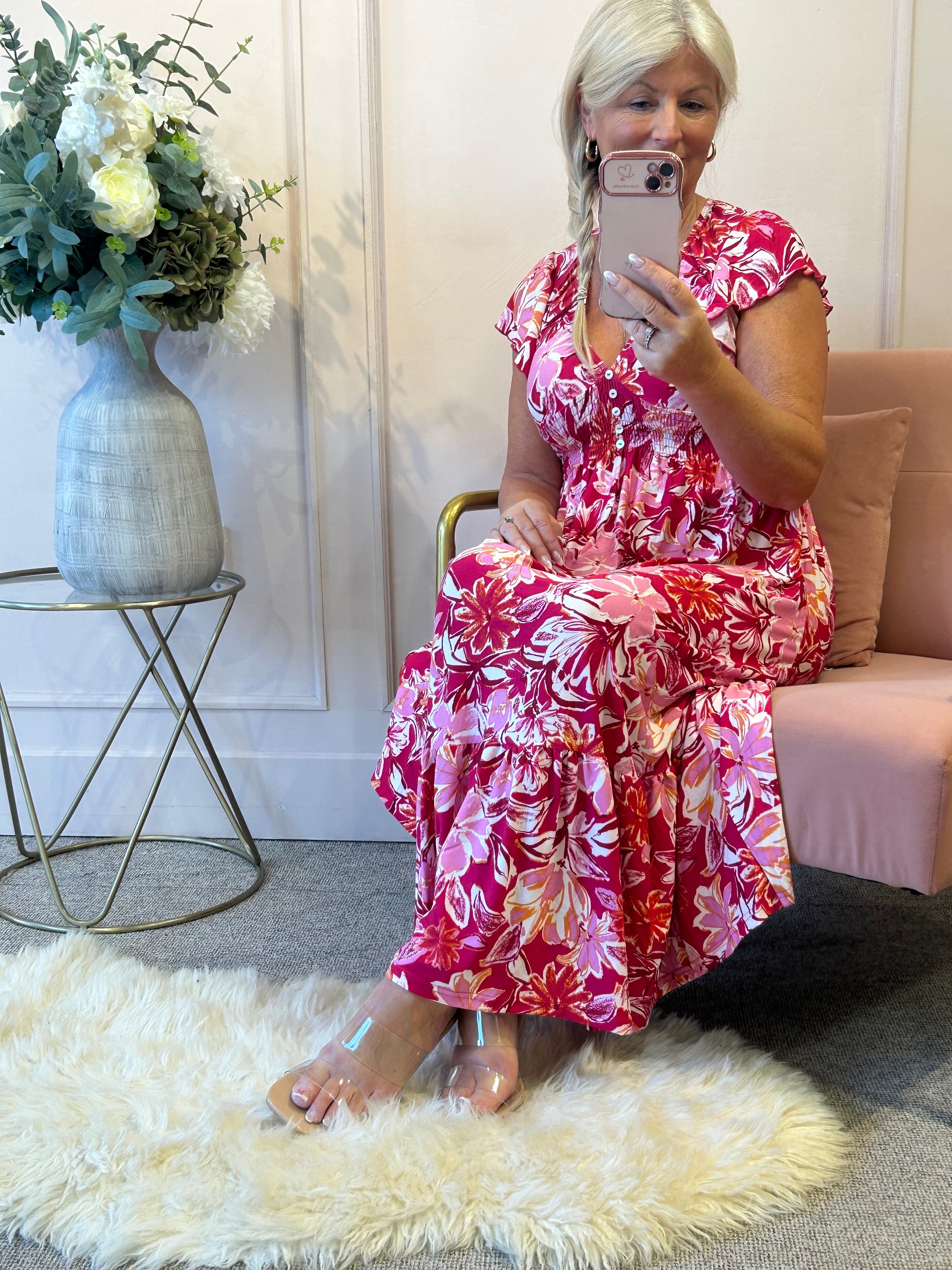 Frill Cap Sleeve Midi Dress  - Pinks/White - Wardrobe By Simone